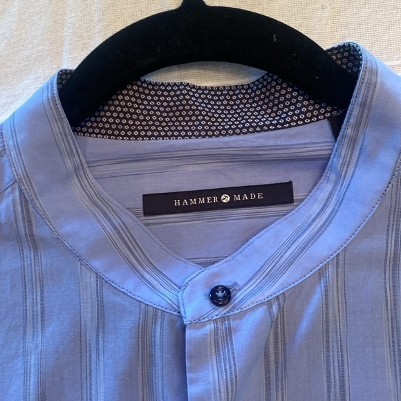 HAMMER MADE collarless men’s dress shirt light blue vertical stripes sz 44 17.5 - Picture 2 of 10